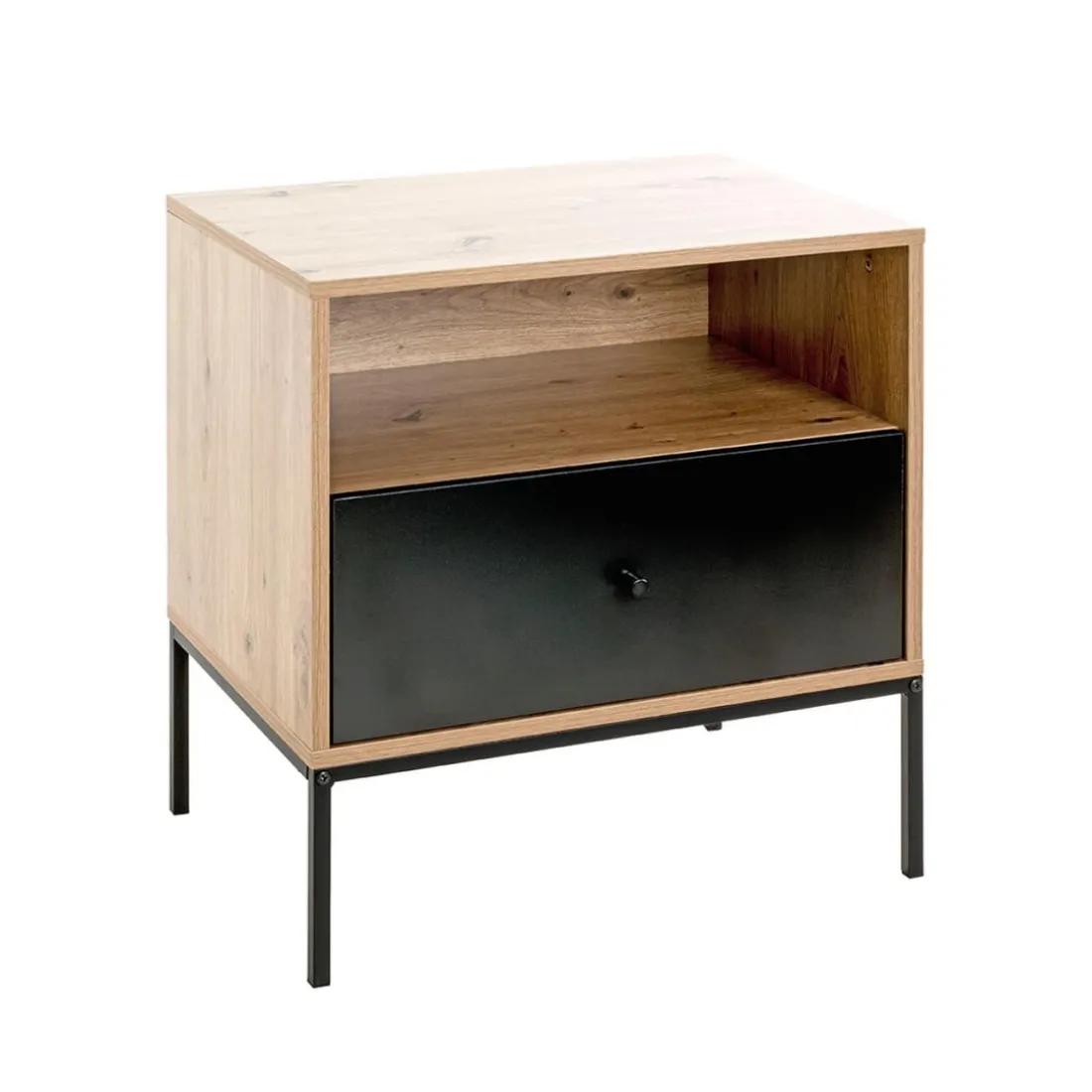 Console en métal avec corps décor chêne et tiroir décor noir