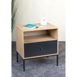 Console en métal avec corps décor chêne et tiroir décor noir