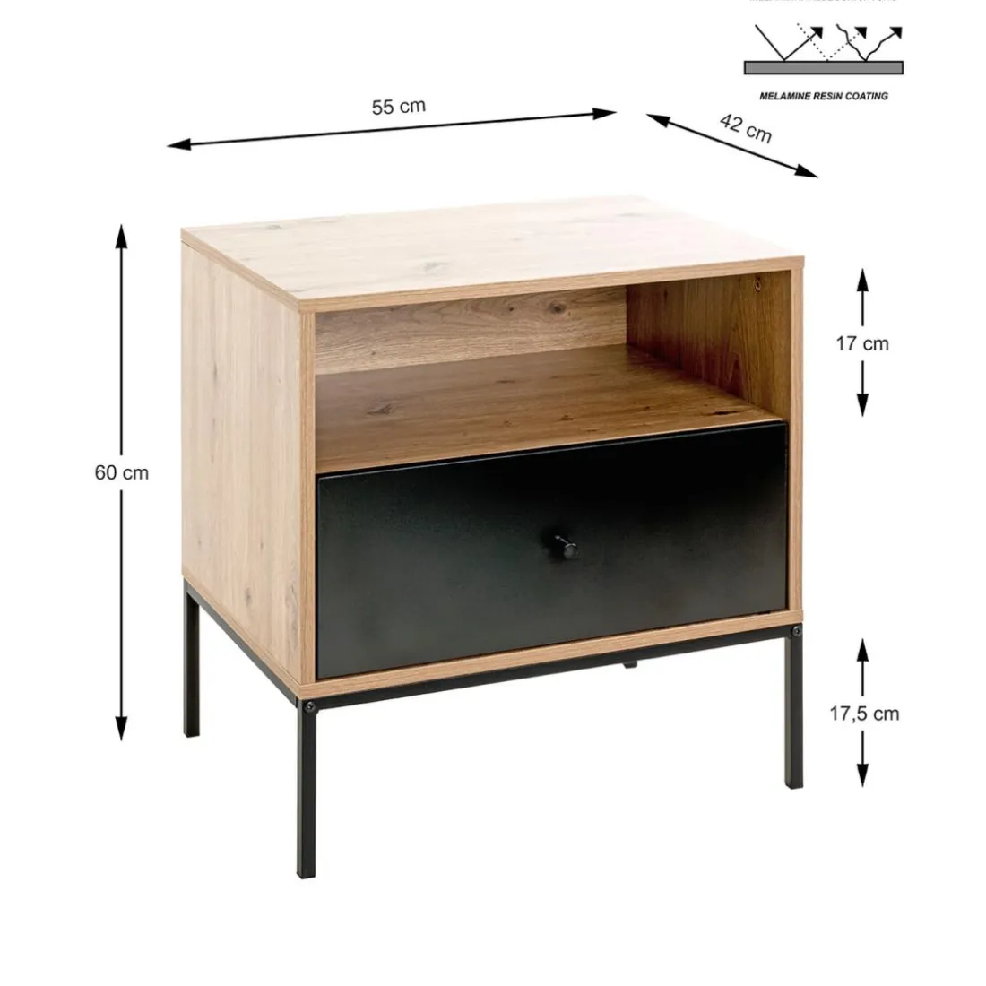 Console en métal avec corps décor chêne et tiroir décor noir