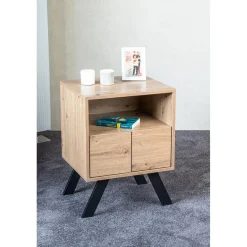 Console en métal noir avec corps et tiroir décor chêne