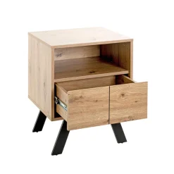 Console en métal noir avec corps et tiroir décor chêne