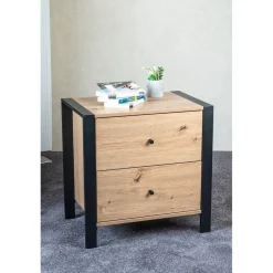 Console en métal noir avec 2 tiroirs décor chêne