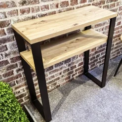 Console en métal noir et plateaux décor chêne