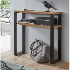 Console en métal noir et plateaux décor chêne