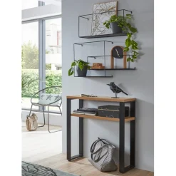 Console en métal noir et plateaux décor chêne