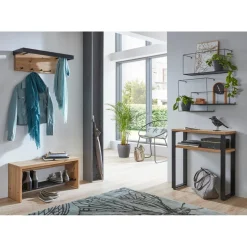 Console en métal noir et plateaux décor chêne