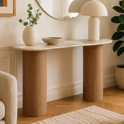 Console moderne pieds colonnes Eglantine Bois et Céramique Effet marbre Blanc