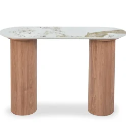 Console moderne pieds colonnes Eglantine Bois et Céramique Effet marbre Blanc