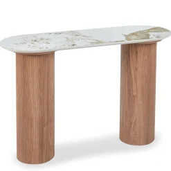 Console moderne pieds colonnes Eglantine Bois et Céramique Effet marbre Blanc