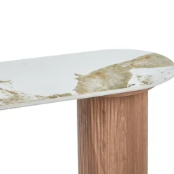 Console moderne pieds colonnes Eglantine Bois et Céramique Effet marbre Blanc