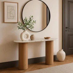 Console moderne pieds colonnes Eglantine Bois et Céramique Effet marbre Blanc