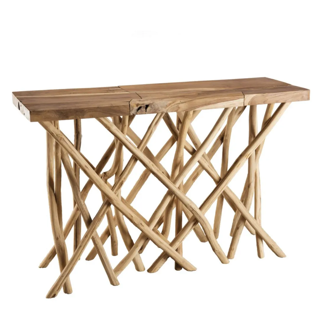 Console nature plateau bois Teck - pieds bois flotté - KELIA