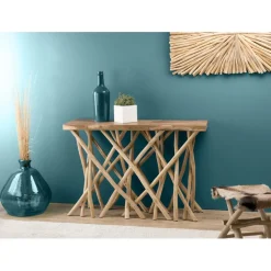 Console nature plateau bois Teck - pieds bois flotté - KELIA