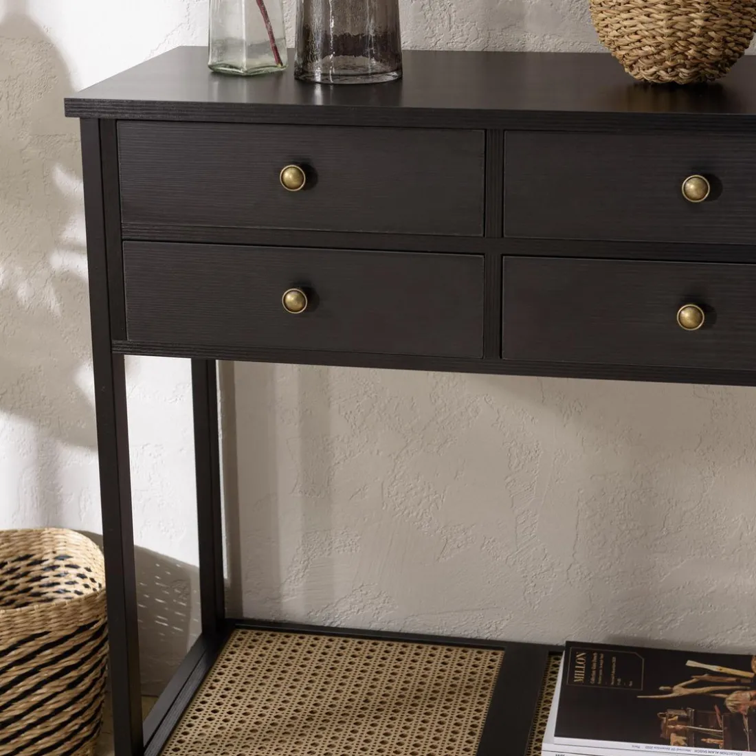 Console noire 4 tiroirs 1 étagère effet cannage CHARLIE