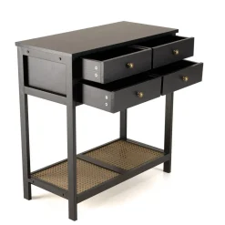 Console noire 4 tiroirs 1 étagère effet cannage CHARLIE