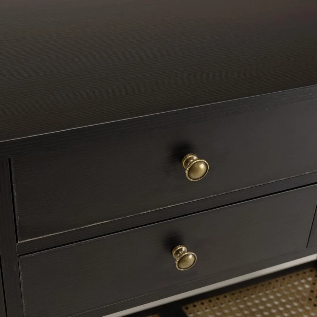 Console noire 4 tiroirs 1 étagère effet cannage CHARLIE