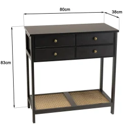 Console noire 4 tiroirs 1 étagère effet cannage CHARLIE