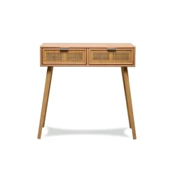 Console scandinave en bois avec 2 tiroirs Cannage Rotin Gris