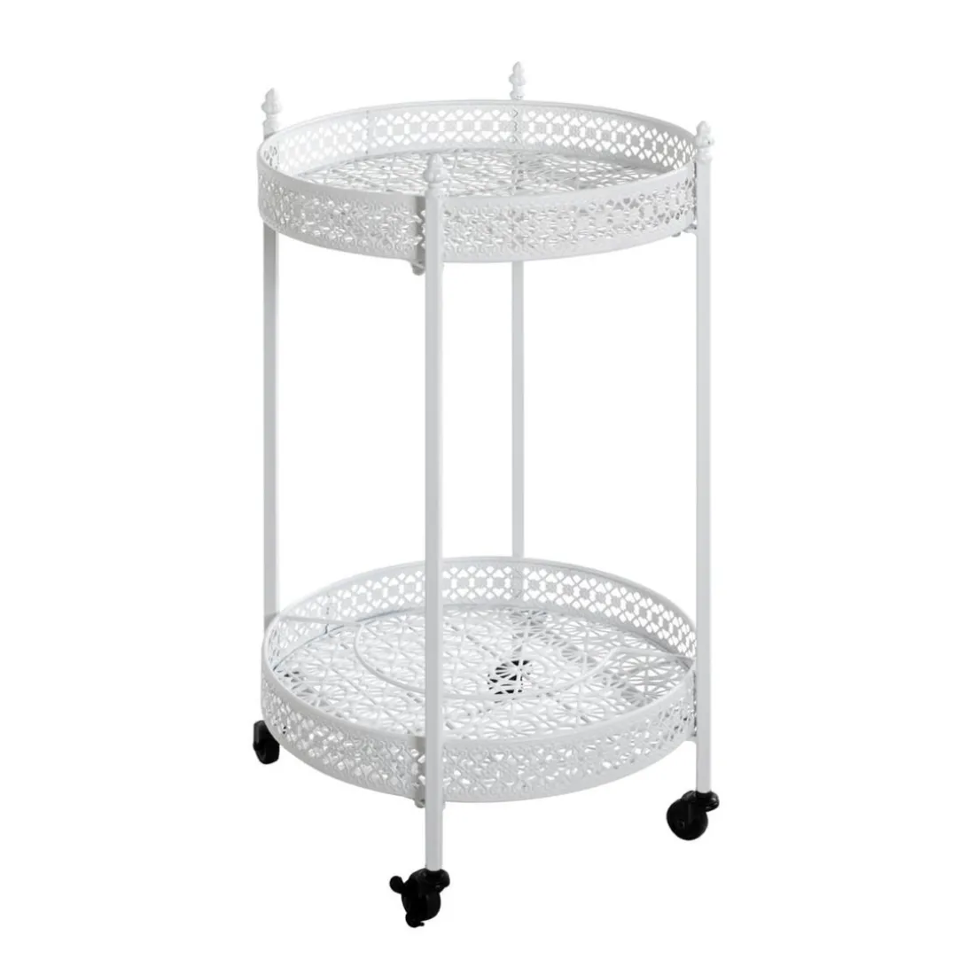 Desserte acier laqué blanc sur roulettes et plateaux métal laqué blanc