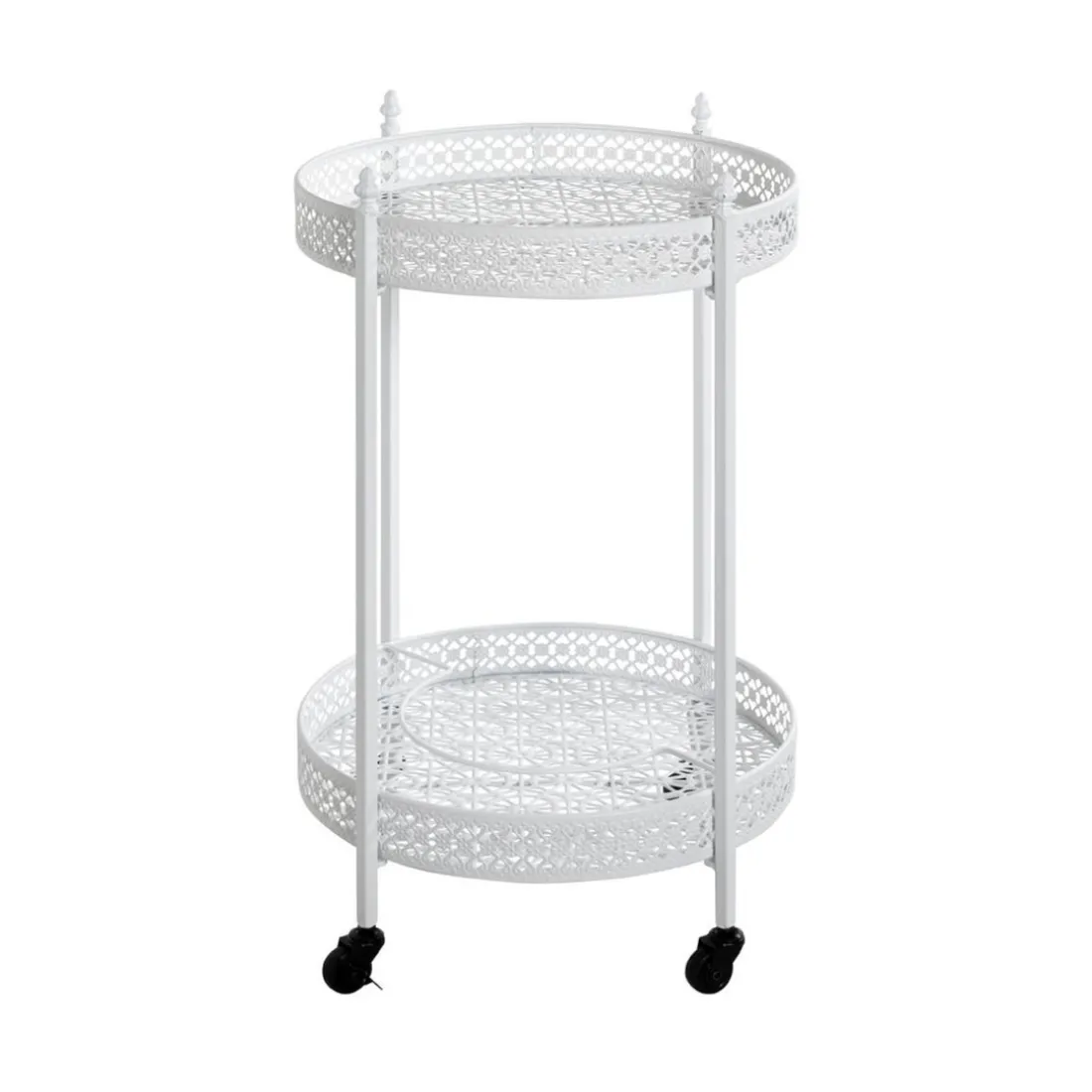 Desserte acier laqué blanc sur roulettes et plateaux métal laqué blanc