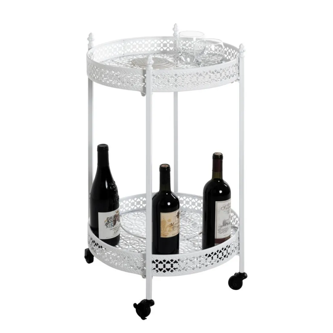 Desserte acier laqué blanc sur roulettes et plateaux métal laqué blanc