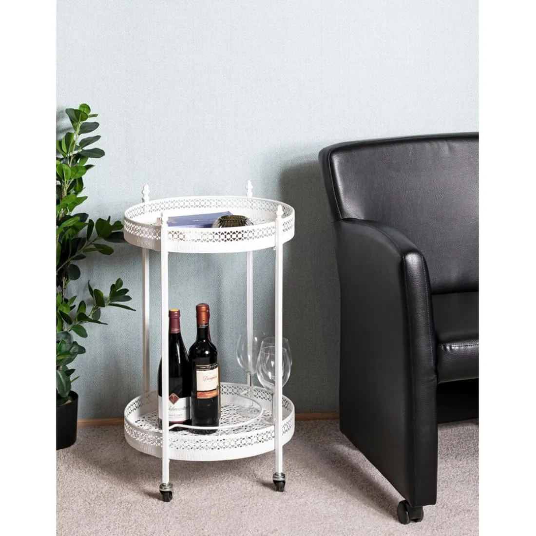 Desserte acier laqué blanc sur roulettes et plateaux métal laqué blanc