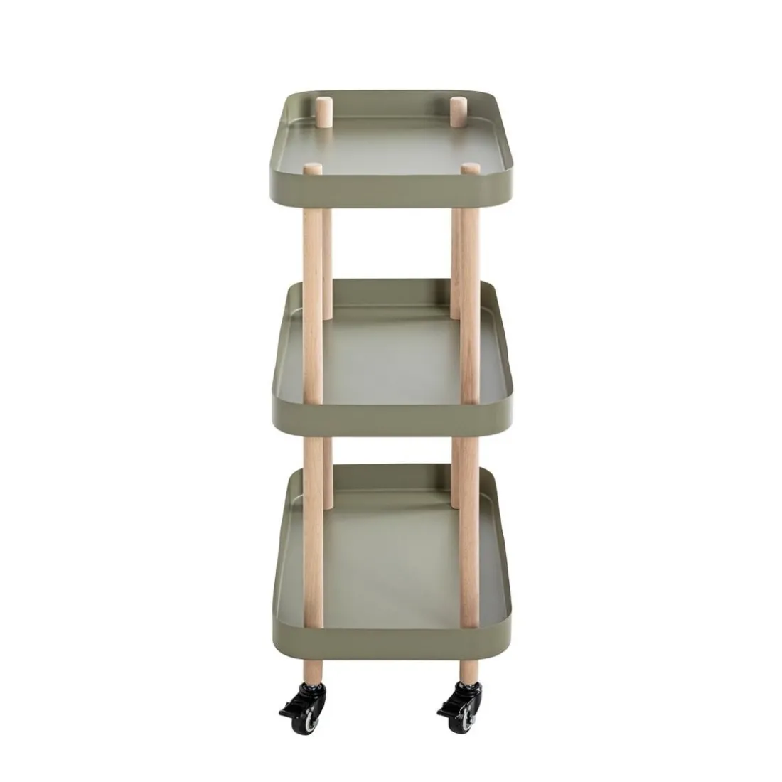 Desserte trois niveaux en bois avec étagères métal laqué vert