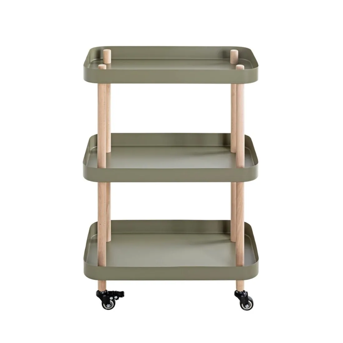 Desserte trois niveaux en bois avec étagères métal laqué vert