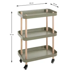 Desserte trois niveaux en bois avec étagères métal laqué vert