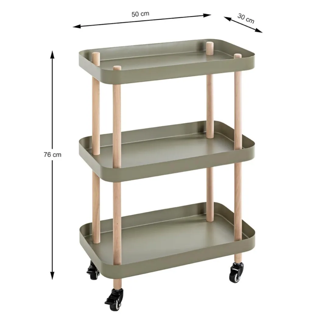 Desserte trois niveaux en bois avec étagères métal laqué vert