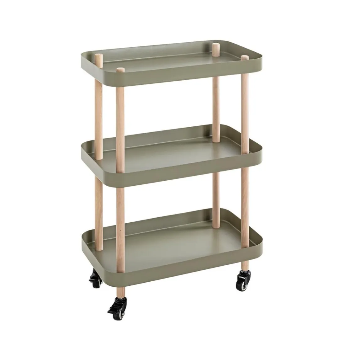 Desserte trois niveaux en bois avec étagères métal laqué vert