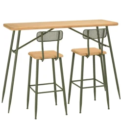 Ensemble 1 bar avec 2 tabourets pin et métal vert HELENA