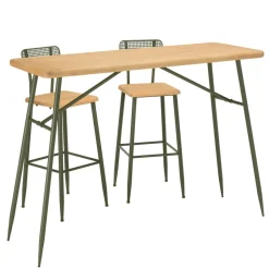 Ensemble 1 bar avec 2 tabourets pin et métal vert HELENA