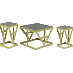 Ensemble de 3 tables d'appoint Amstra en Verre fumé et Métal Or