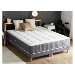 Ensemble Matelas Ressort 7 Zones KISTO + Mémoire De Forme + Sommier Bleu Denim LEO Fabriqué En France