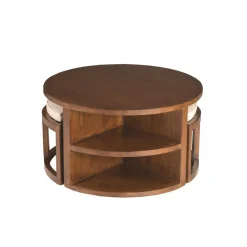 Ensemble Table Basse Ronde avec 2 Tabourets et Coussins Bois Mindi - EDEN