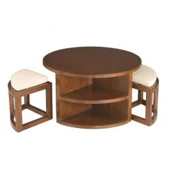 Ensemble Table Basse Ronde avec 2 Tabourets et Coussins Bois Mindi - EDEN