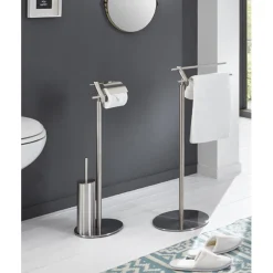 Ensemble WC avec porte papier et brosse intégrée, pied en Inox massif Argenté