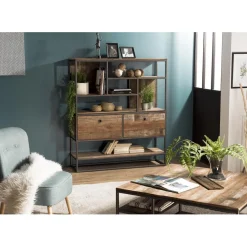 Etagère 2 Tiroirs Et 7 Niches Bois Teck SIXTINE Recyclé Acacia Mahogany Et Métal