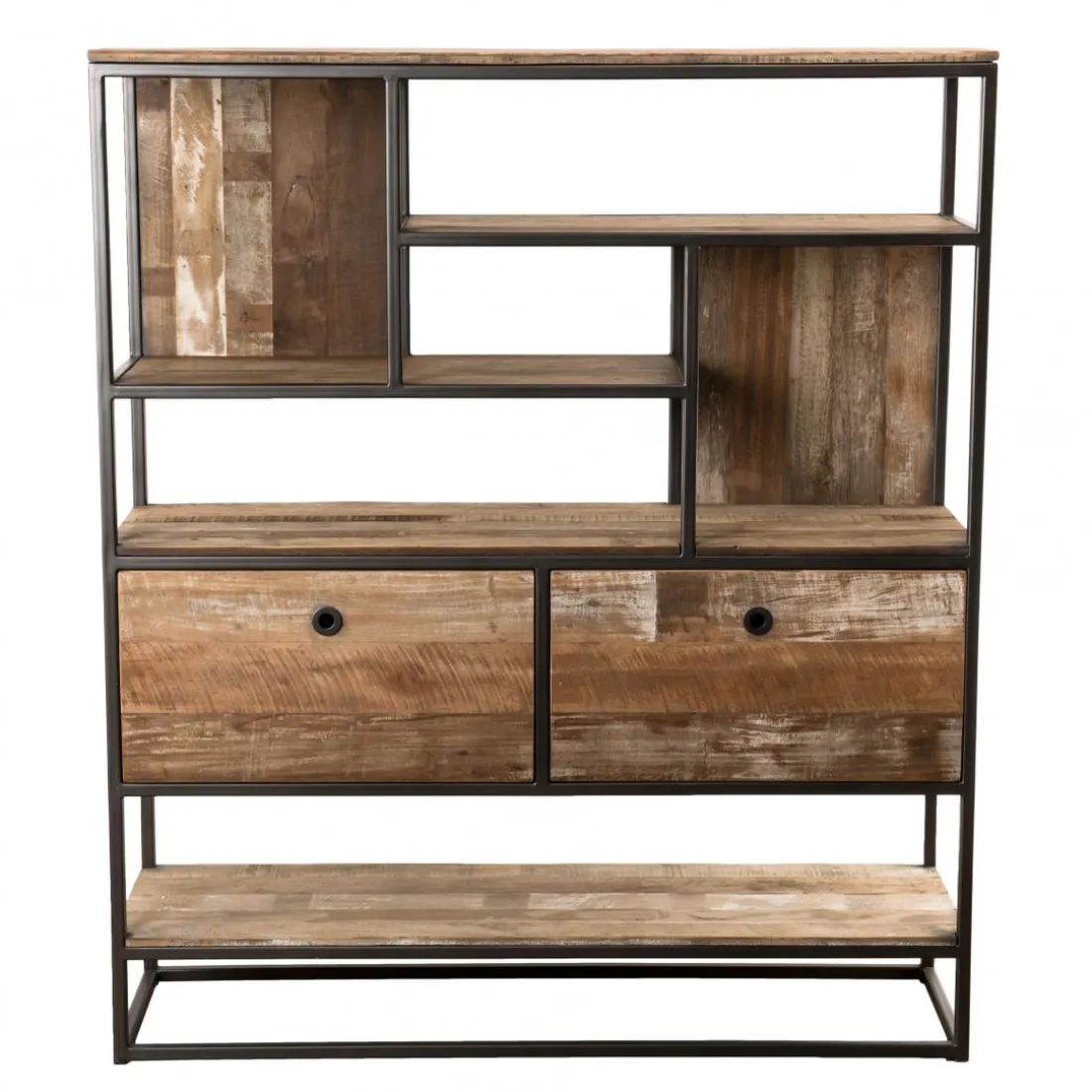 Etagère 2 Tiroirs Et 7 Niches Bois Teck SIXTINE Recyclé Acacia Mahogany Et Métal