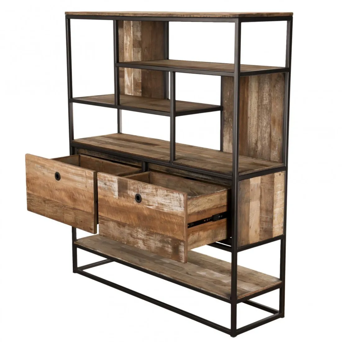 Etagère 2 Tiroirs Et 7 Niches Bois Teck SIXTINE Recyclé Acacia Mahogany Et Métal