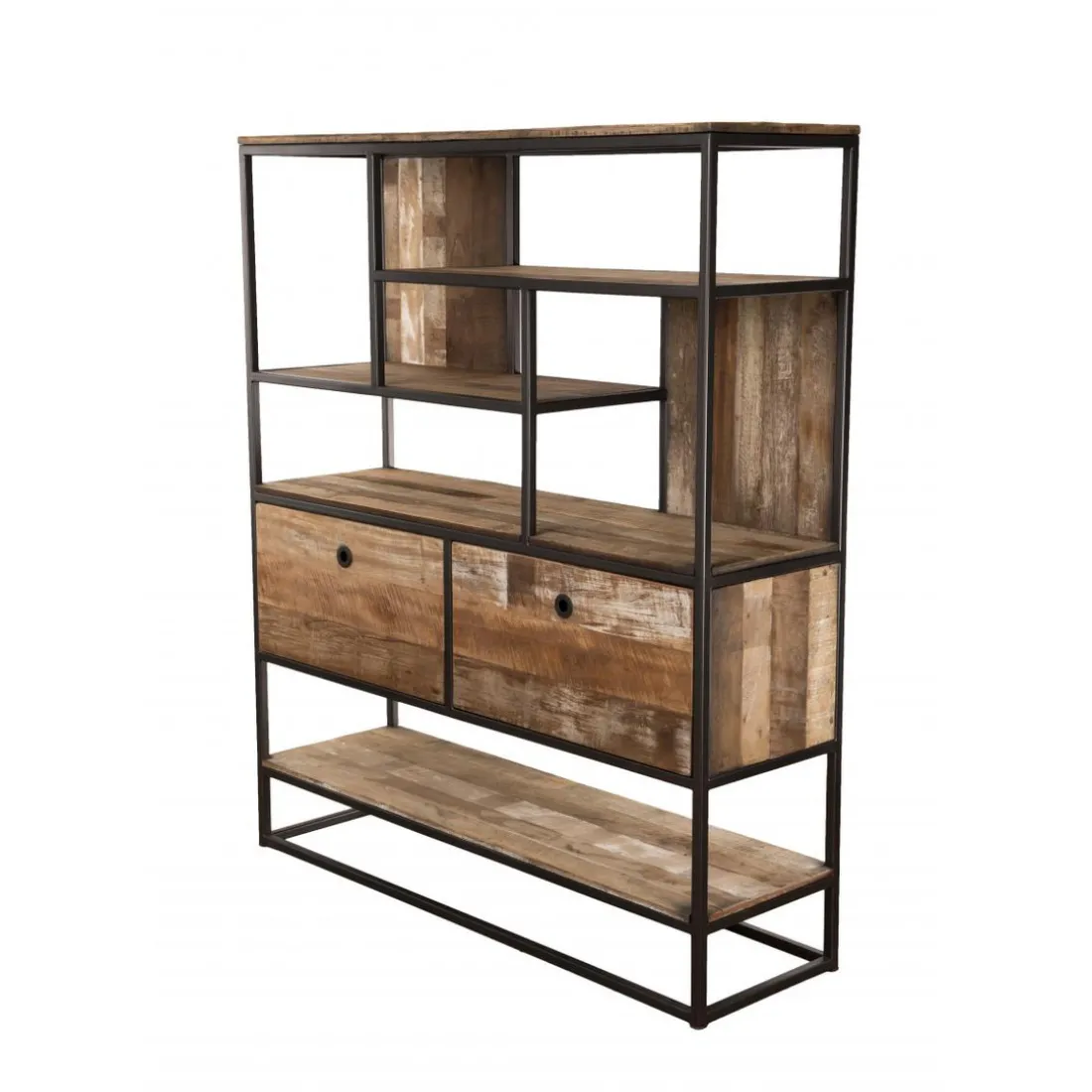 Etagère 2 Tiroirs Et 7 Niches Bois Teck SIXTINE Recyclé Acacia Mahogany Et Métal