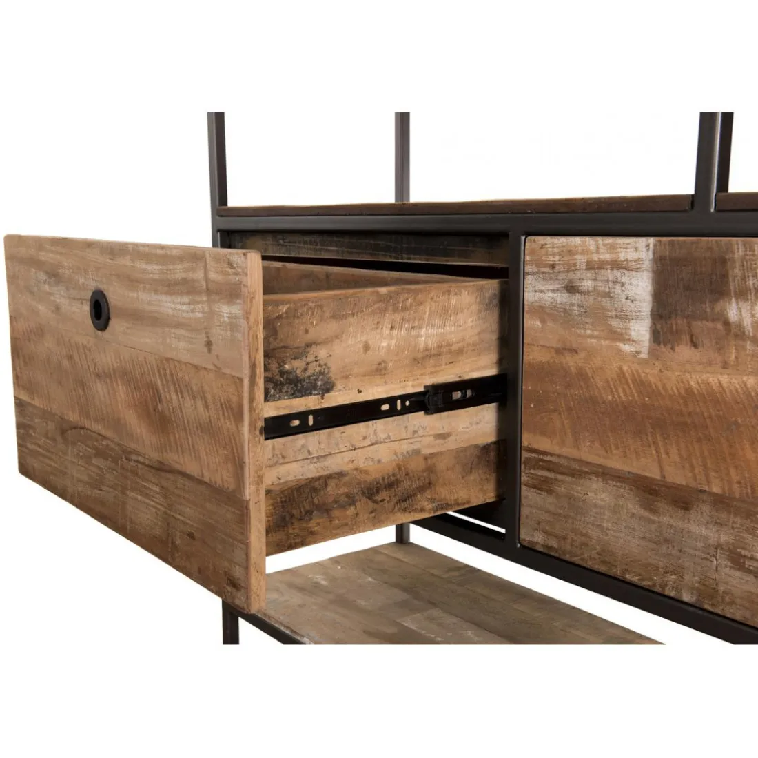 Etagère 2 Tiroirs Et 7 Niches Bois Teck SIXTINE Recyclé Acacia Mahogany Et Métal
