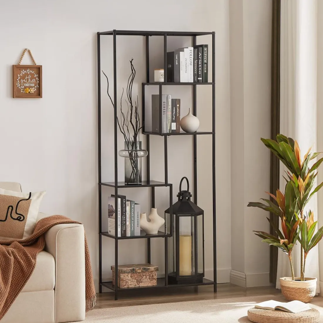 Etagère bibliothèque style industriel rangement de 5 niveaux KNUT couleur noire