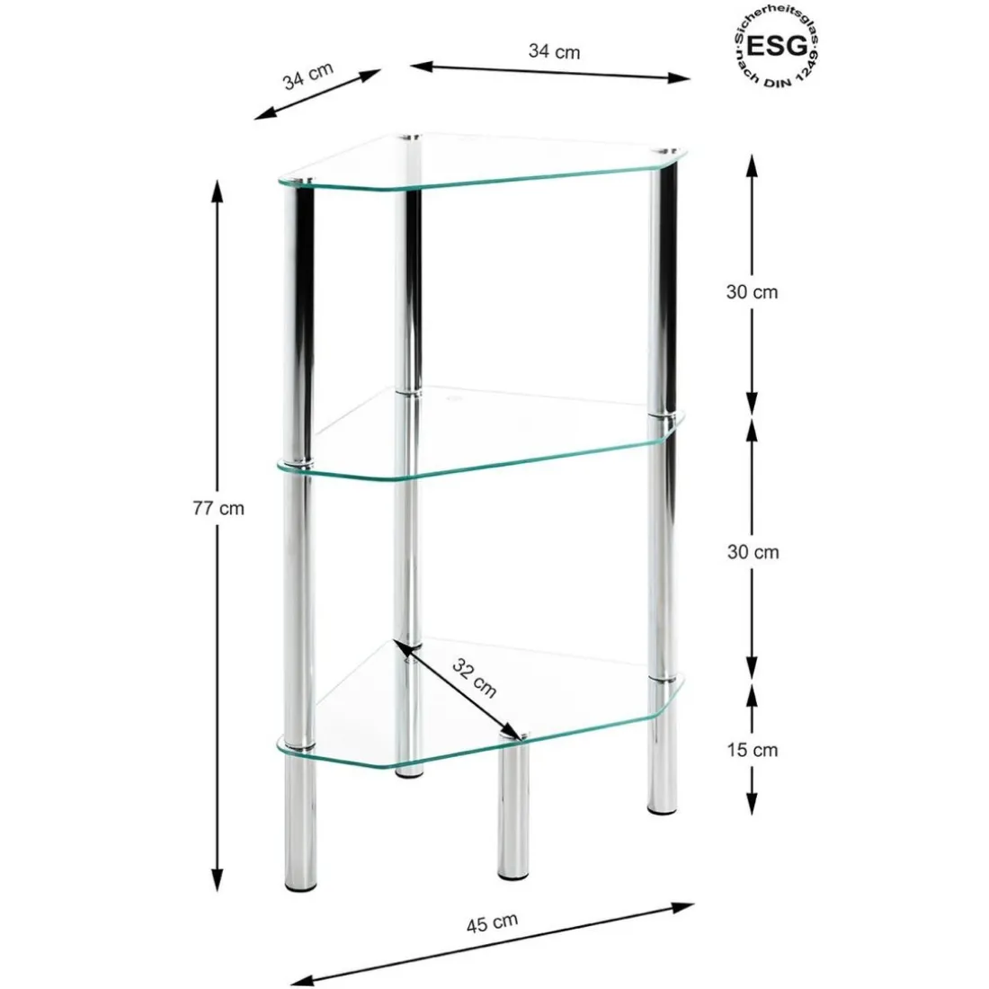 Etagère d'angle avec plateau en verre transparent