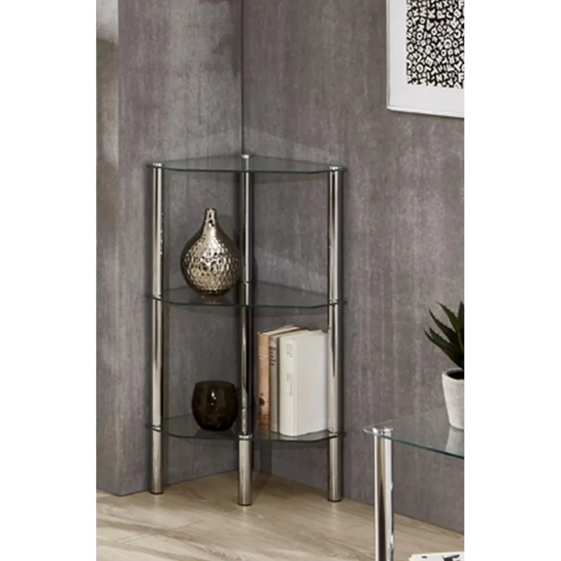 Etagère d'angle avec plateau en verre transparent