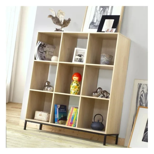 Etagère de rangement 9 cases en bois avec pieds métal
