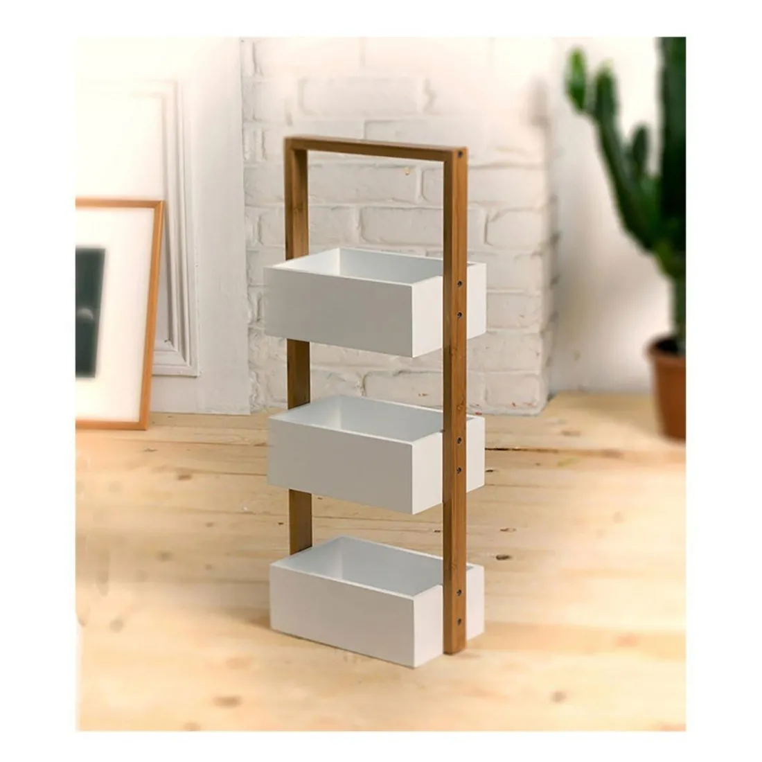 Etagère droite bambou 3 bacs de rangement Blanc