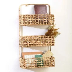 Etagère miroir à 3 compartiments en jacynthe et structure métal ROSIE beige