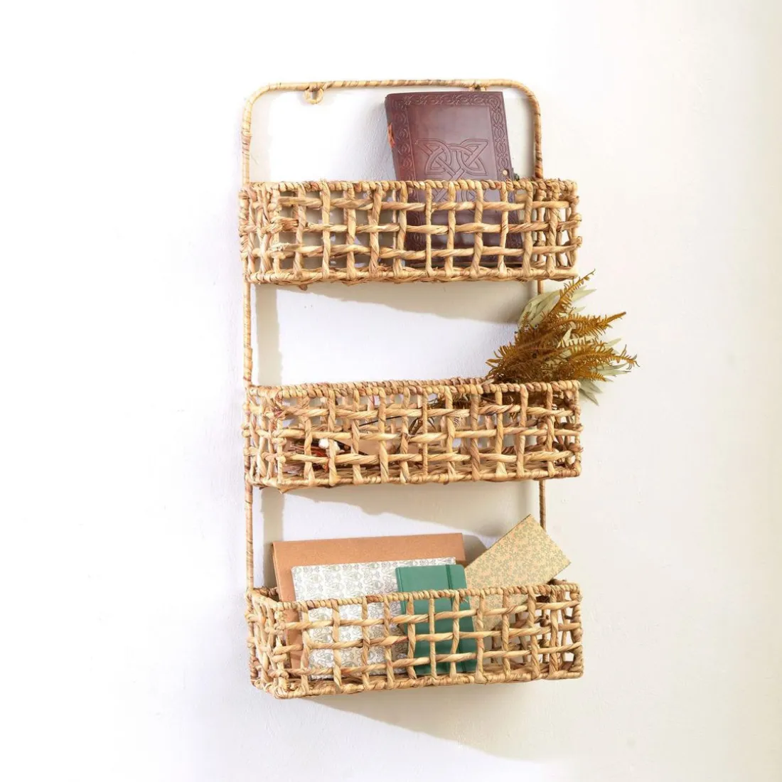 Etagère miroir à 3 compartiments en jacynthe et structure métal ROSIE beige